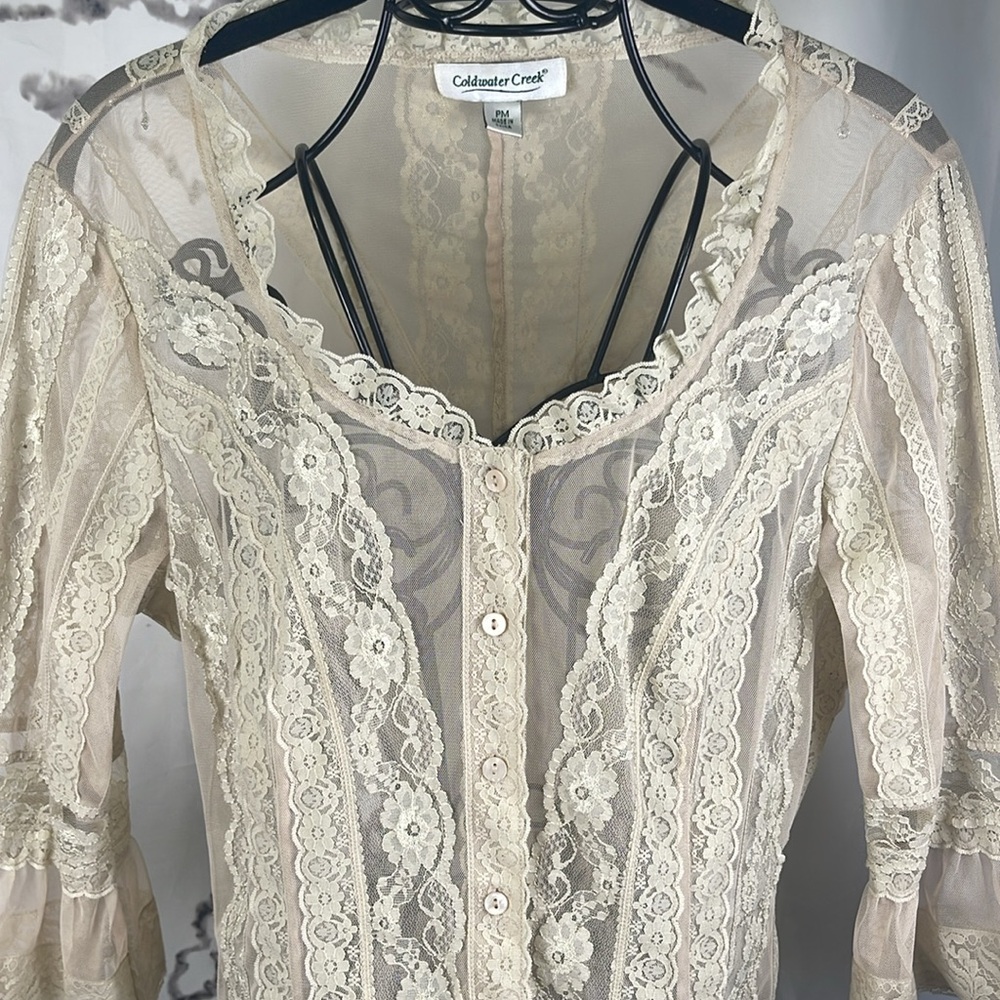 Coldwater Creek Cream Lace Blouse Button-Up Sheer 3/4 Flutter Sleeve Victorian - Picture 2 of 13